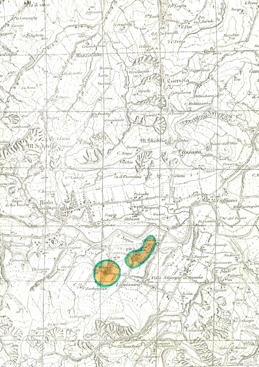 In the yellow circle on the left is the locality “Derchia” where the Castle of Laderchia once stood; in the yellow circle on the right is the ridge on which stood the Tower of Laderchio