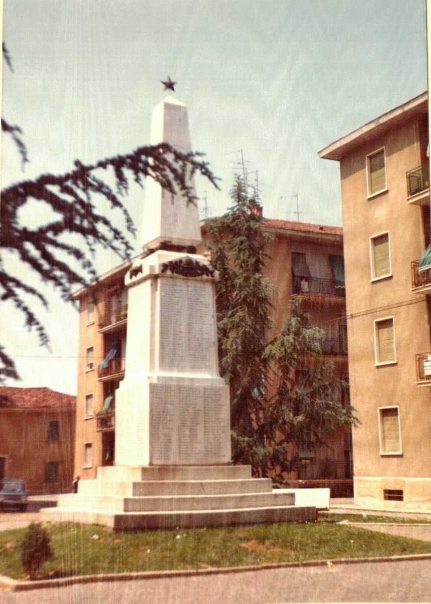 Codogno (Lodi). Stele in Piazza Italia dedicated to the fallen and to the volunteers of the Unity of Italy. Cesare Ruggeri is included in the list.