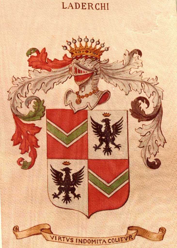 Laderchi coat of arms. Broken green stripe with a silver border over a red field at the 1st and 4th quarter; black eagle with a head crowned by gold on a silver field in the 2nd and 3rd quarters.