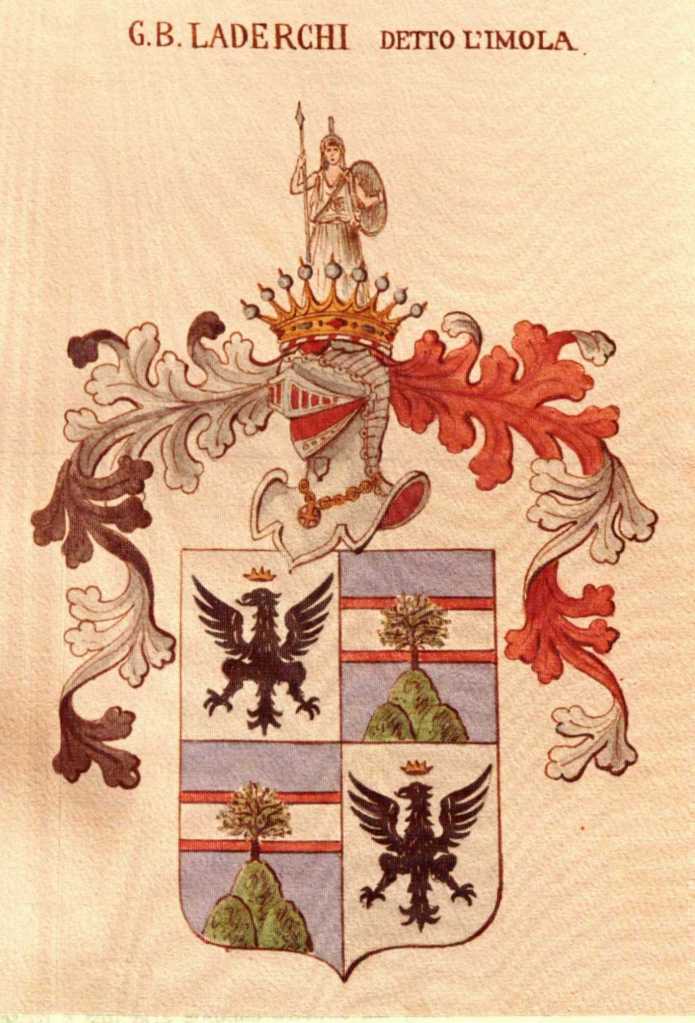 The coat of arms pertaining to Giovan Battista 2/IV Laderchi called the Imola. “A quartered shield, in the upper right portion and in the lower left a white field and a black eagle with a single head, crowned with open wings in the act of flying happily and safely. In the left-hand upper part and the lower right-hand portion, a field of blue, three hills according to the ancient sign of nobility, in the middle of which on the highest hill stands the evergreen olive around which is lead a bright band edged above and below in red. Over the shield, the silver helmet with royal diadem in gold, overlaid ornately with hanging and furling crests and studs on both sides, that on the right of light silver and black, on the left light silver and red, where appears Pallas [Athena] armed with a spear on her right and in her left a small shield and carrying on her head a crested helmet, dressed in a white flowing tunic.” September 11, 15,98. Chirograph of Emperor Rodolfo II published by Ballardini.