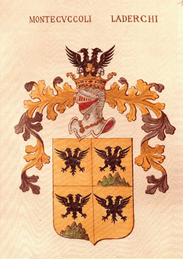 Montecuccoli-Laderchi coat of arms - quartered, with a two-headed eagle in the act of flying in every quarter; in the second and third, mountaintops.